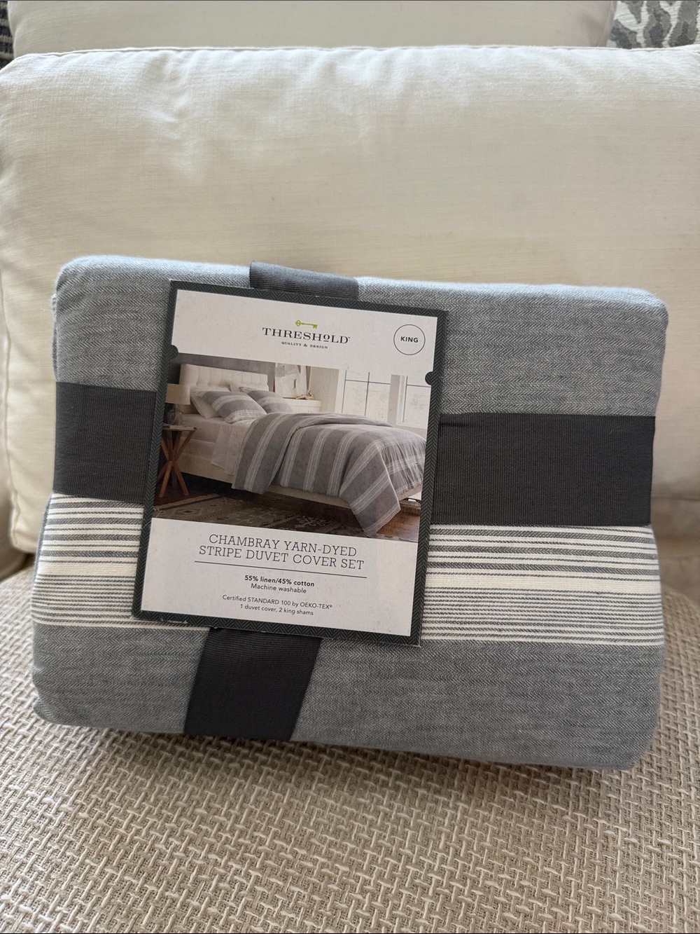 Threshold Gray Chambray Yarn-Dyed Stripe Duvet Cover and shams king